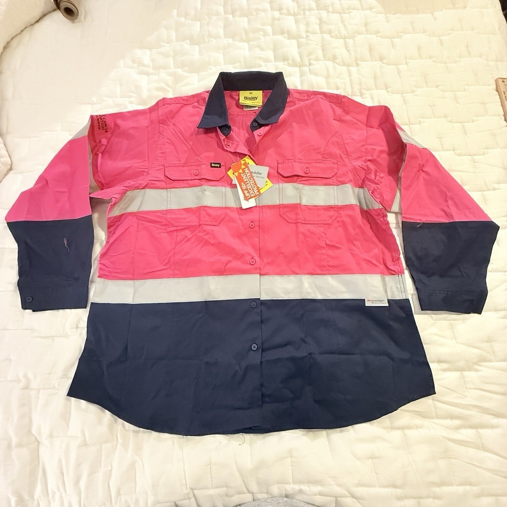 New Bisley High Vis Pink Women's Sz 24 Long Sleeve Heavy Shirt 3m Scotchlite